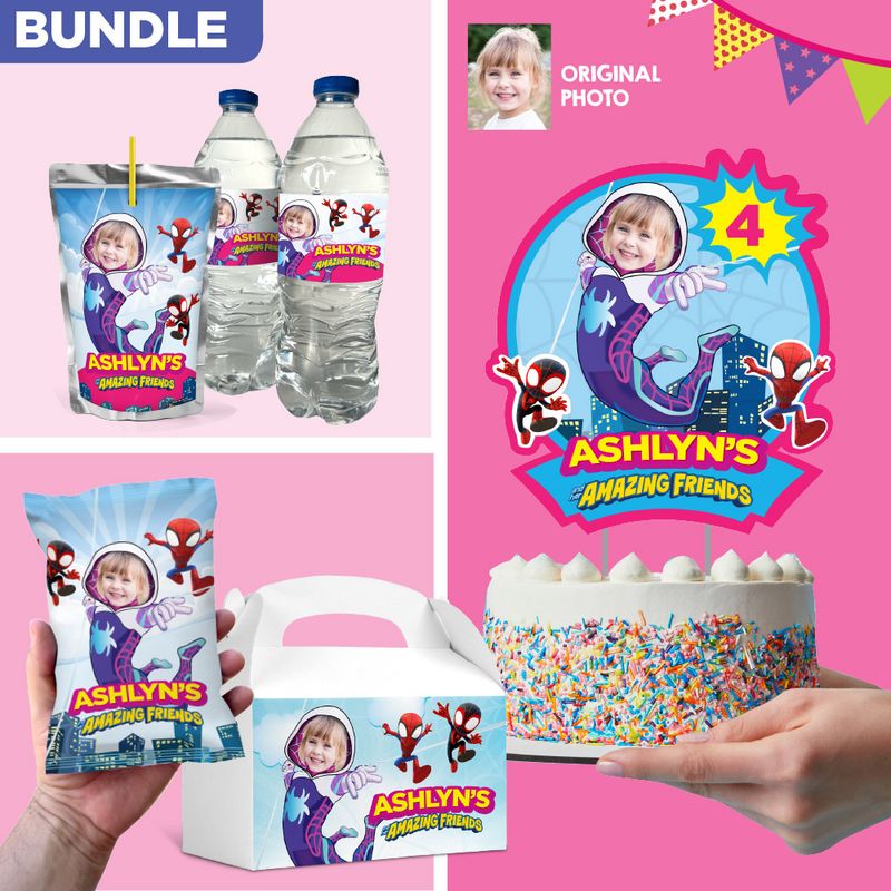 Bundle Gwen Stacy Party table, Gwen Stacy Cake Topper, Gwen Stacy snacks labels, Gwen Stacy Gwen Stacy Chip bags, Gwen Stacy Gable box. 2039B1