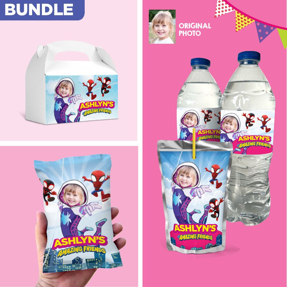Bundle Gwen Stacy snacks labels, Spidey Gwen Stacy water wrappers and capri sun, Gwen Stacy Chip bags, Spidey girl Gwen gift boxes. 2039B3