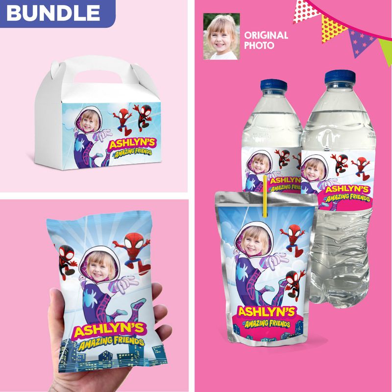 Bundle Gwen Stacy snacks labels, Spidey Gwen Stacy water wrappers and capri sun, Gwen Stacy Chip bags, Spidey girl Gwen gift boxes. 2039B3