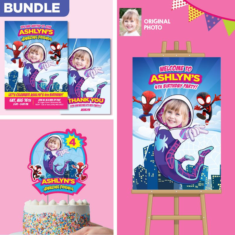 Bundle Gwen Stacy Birthday matching items, Gwen Stacy Invitation and Thank you, Gwen Stacy Cake Topper, Gwen Stacy Welcome Sign. 2039B2