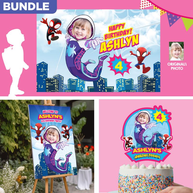 Bundle Gwen Stacy Party decoration, Gwen Stacy Banner / Backdrop, Cake Topper of Gwen Stacy, Gwen Stacy Welcome Sign. 2039B4