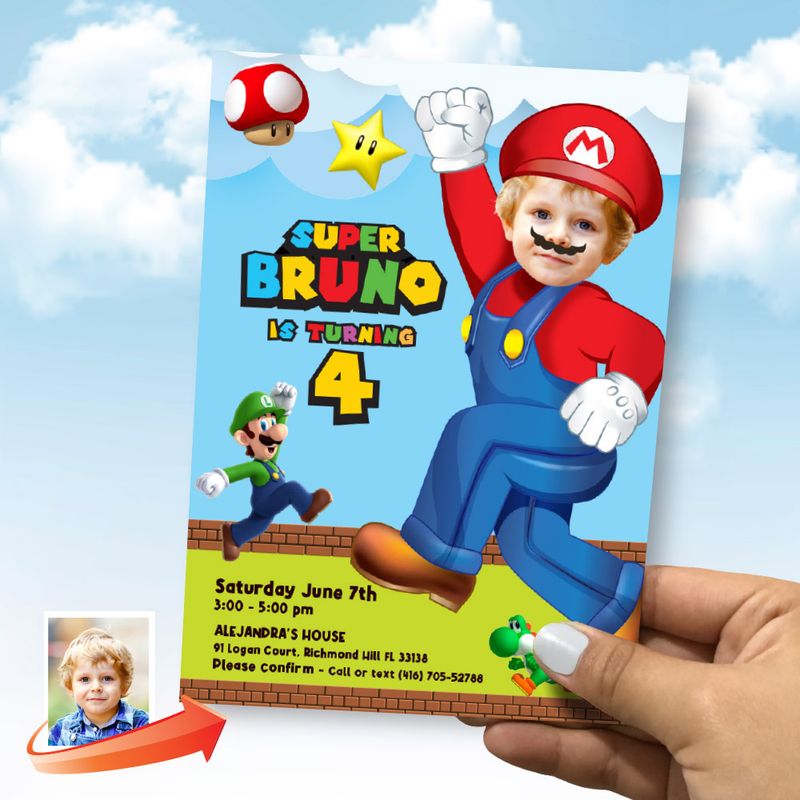 Super Mario Birthday Invitation with your photo, Personalized Super Mario party Invitation, Super Mario photo invitation, Mario Bros digital invitation. 2331IN
