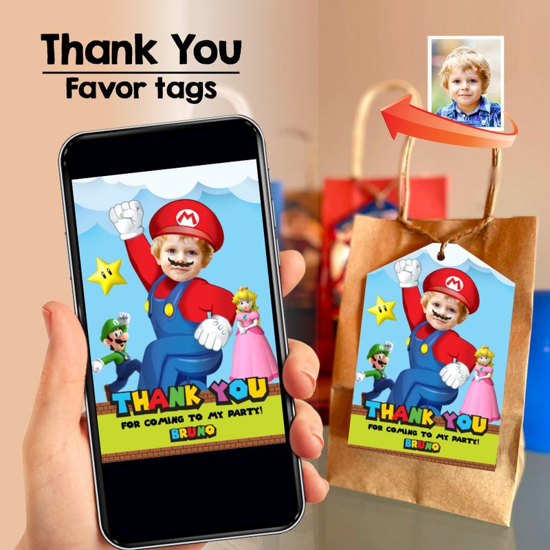 Super Mario Thank You Card with your photo, Super Mario  Favor Tags, Super Mario party favors tags, Super Mario  goodies tags. 2331TY