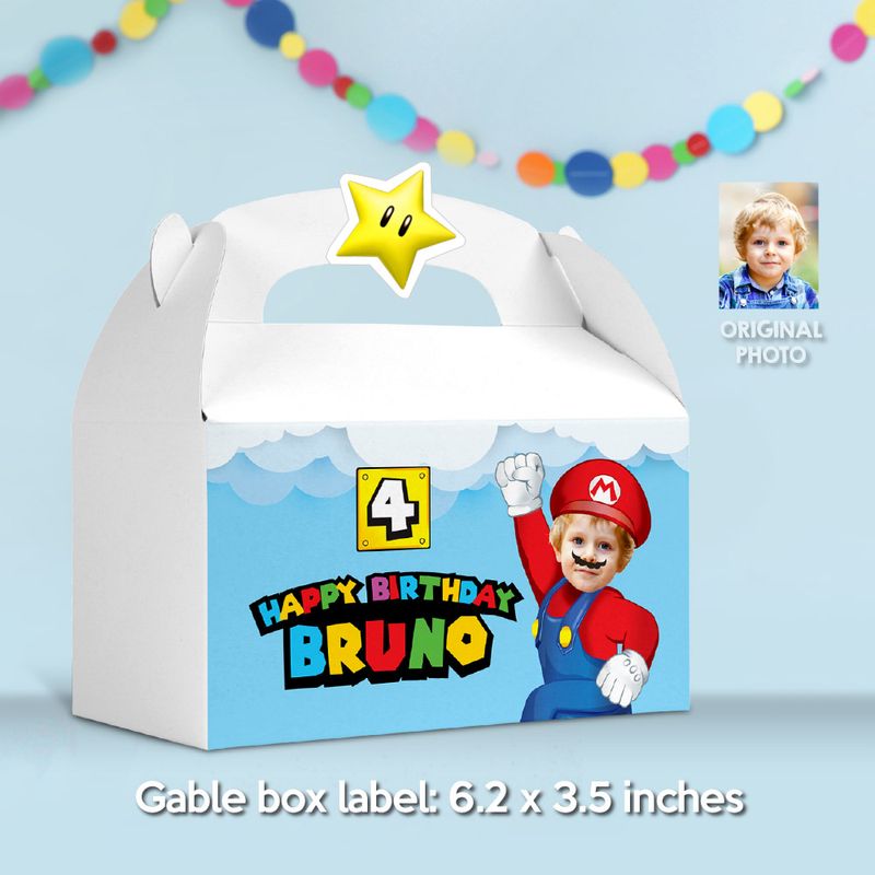 Custom Super Mario Gable Box label, Super Mario Gift Box with photo, Super Mario Box party favors, Super Mario Bros party favor box gift. 2331GB