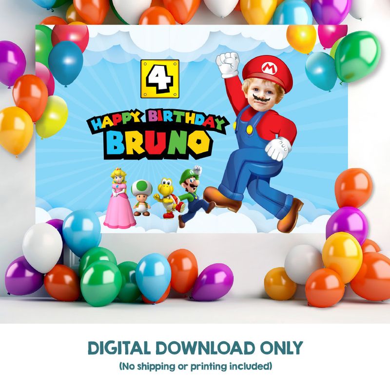 Customized Super Mario Banner with your photo, Super Mario Birthday Backdrop, Super Mario Bros Backdrop, Telon Fiesta Super Mario con foto. 2331BB