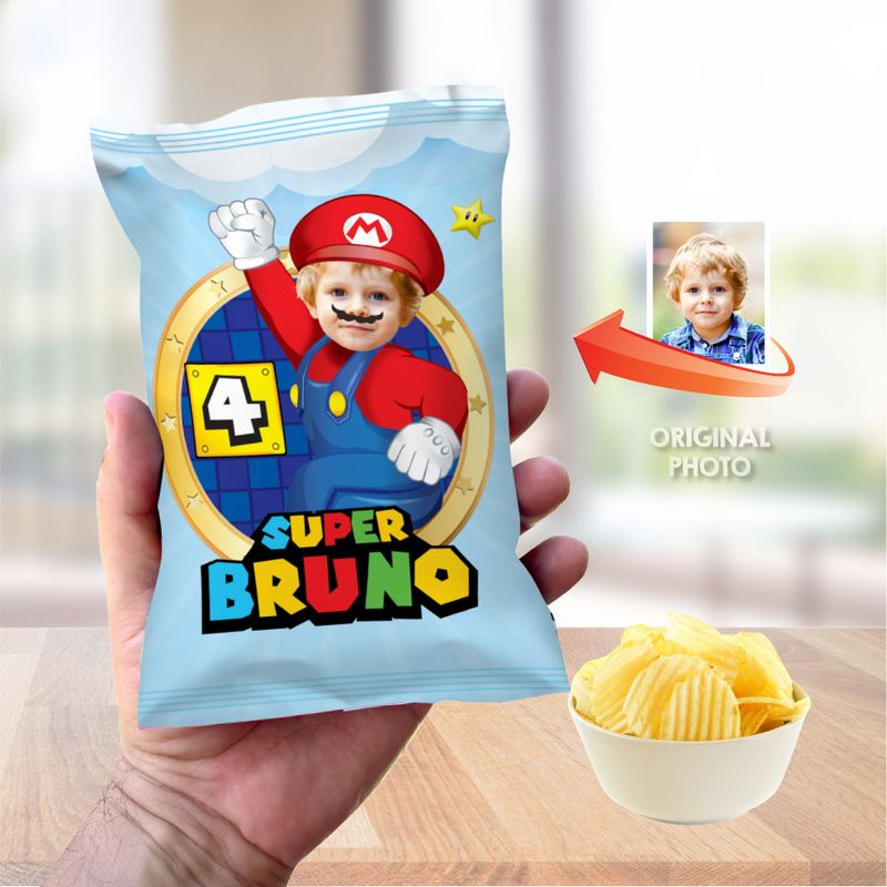Super Mario Bros chip bags party favors, Super Mario Chip Bag Wrapper, Custom Super Mario Chip Bag labels, Super Mario party snacks labels. 2331CB