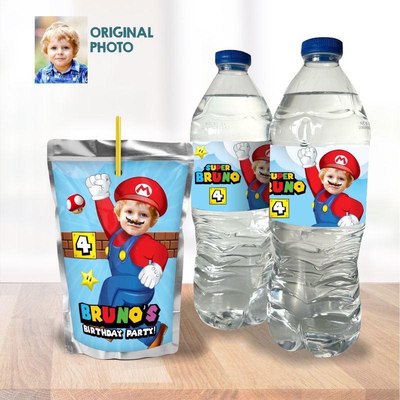 Personalized Super Mario water wrappers, Super Mario water labels and juice labels, Super Mario Juices pouches labels, Snacks Mario. 2331WJ