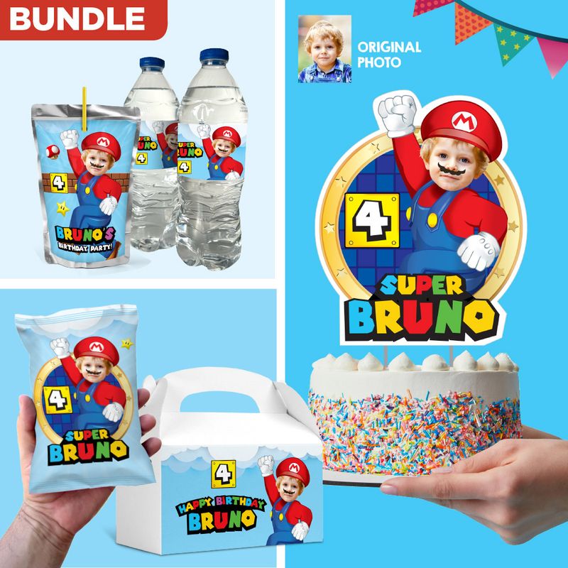 Bundle Super Mario Party table, Super Mario Cake Topper, Super Mario snacks labels, Super Mario Super Mario Chip bags, Super Mario Gable box. 2331B1
