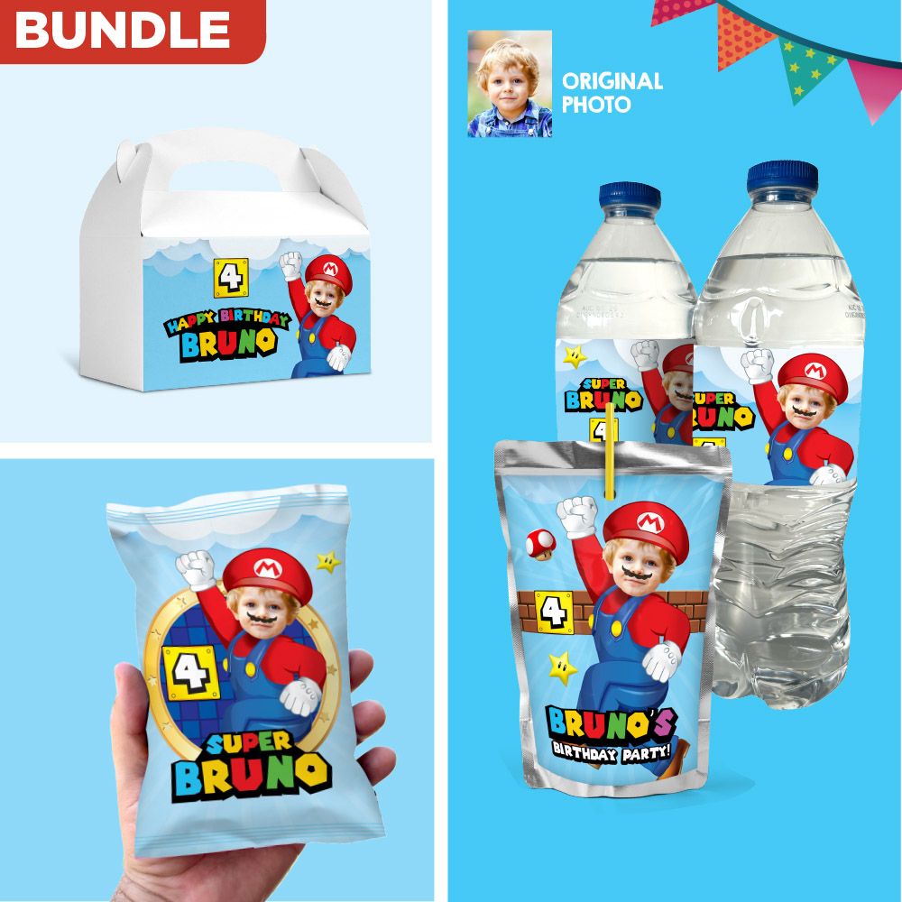 Bundle Super Mario snacks labels, Super Mario Bros water wrappers and Juice pouch, Super Mario Chip bags, Super Mario Bros gift boxes. 2331B3
