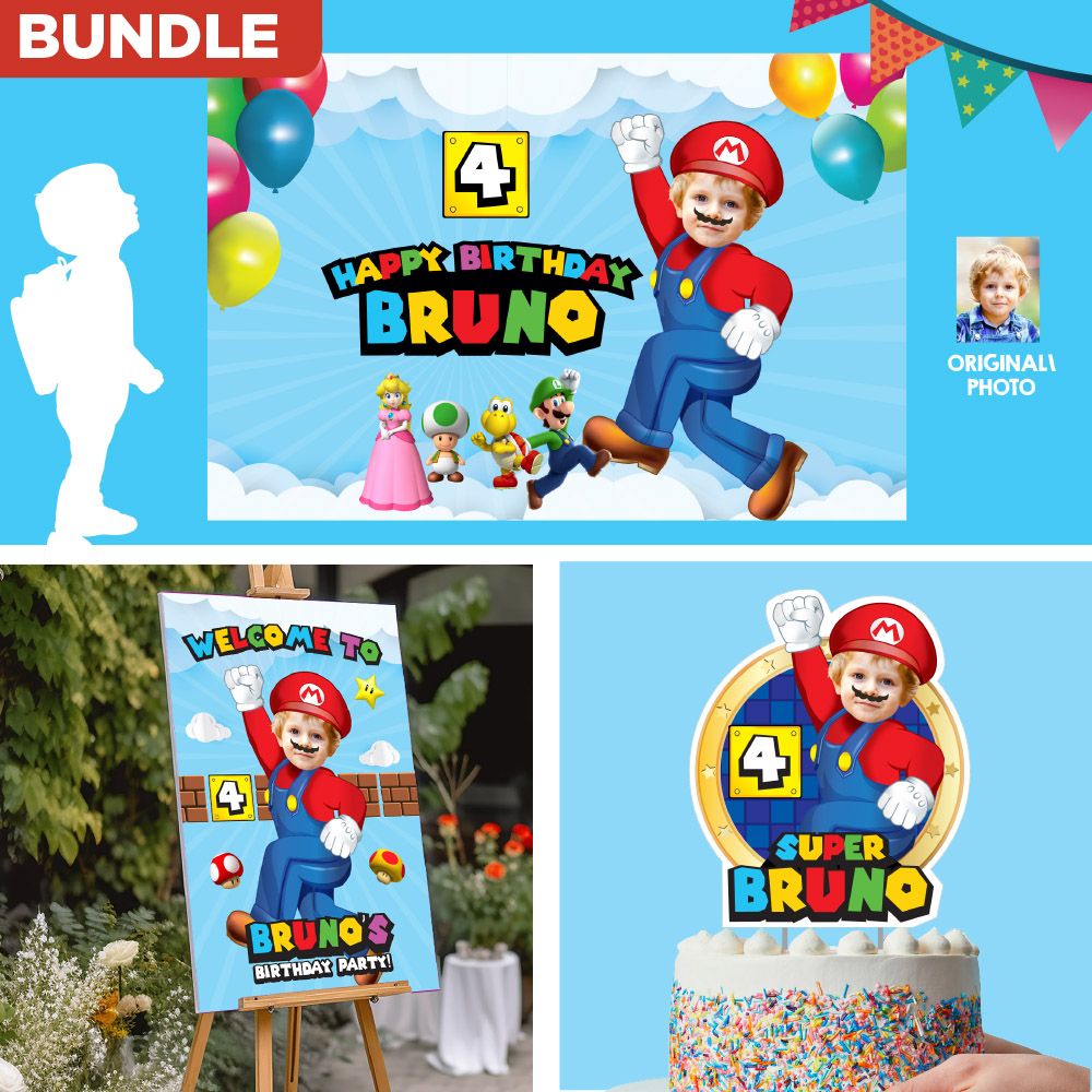 Bundle Super Mario Party decoration, Super Mario Banner / Backdrop, Cake Topper of Super Mario, Super Mario Welcome Sign. 2331B4