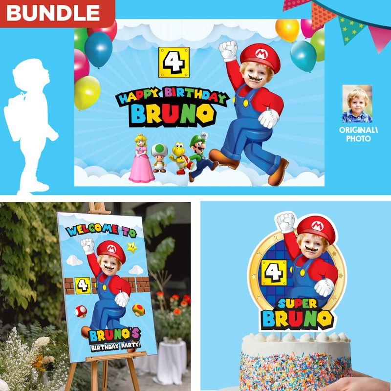 Bundle Super Mario Party decoration, Super Mario Banner / Backdrop, Cake Topper of Super Mario, Super Mario Welcome Sign. 2331B4
