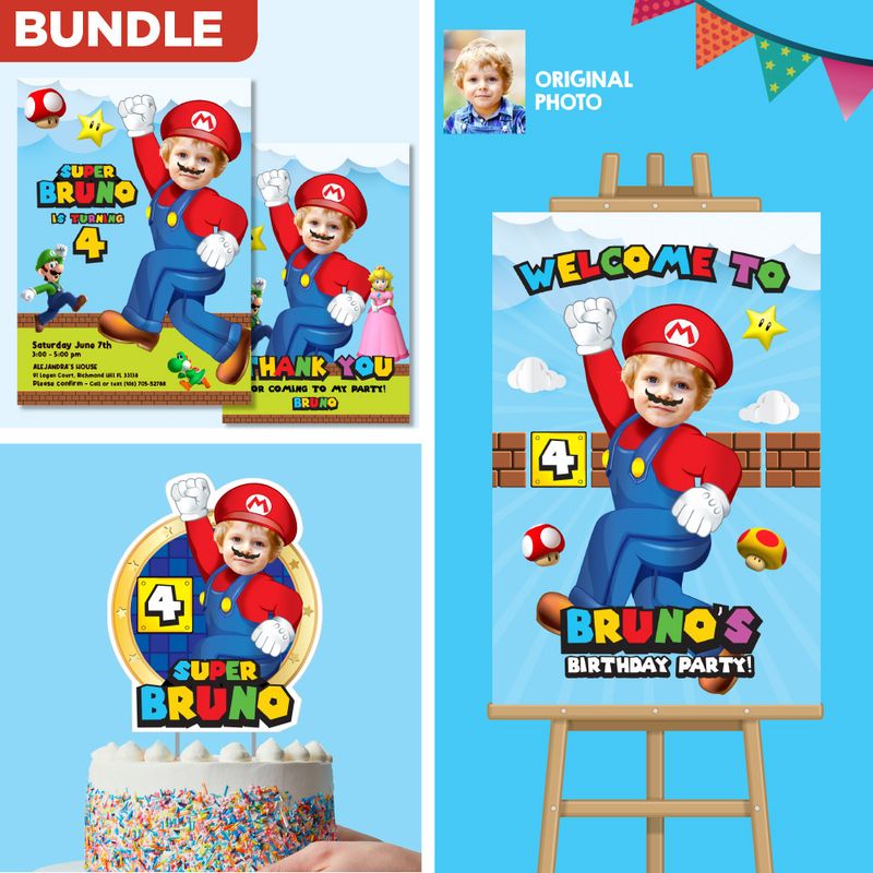 Bundle Super Mario Birthday matching items, Super Mario Invitation and Thank you, Super Mario Cake Topper, Super Mario Welcome Sign. 2331B2