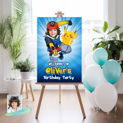Custom Pokemon Welcome sign with photo, Ash the Pokémon trainer welcome party, Pokemon Birthday Welcome Print. 2332WS
