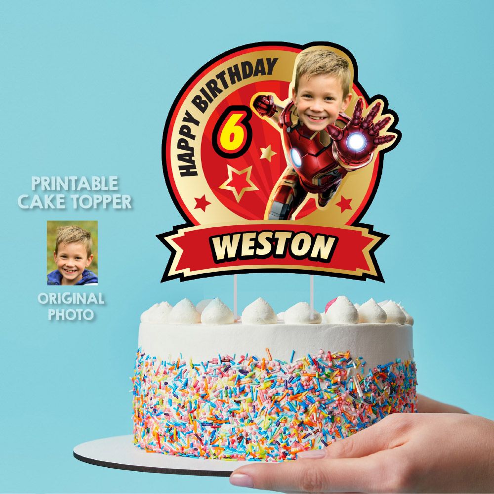 Custom Iron Man Cake topper with your photo, Printable Ironman cake topper, Ironman cake decor ideas, Ironman easy DIY cake ideas. 2333CT