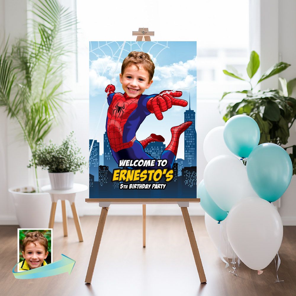 Spider-Man Welcome sign with photo, Spider-Man welcome party, Spider-Man Birthday Sign, Spider-Man Party Entrance Sign, Spiderverse Welcome sign. 101WS