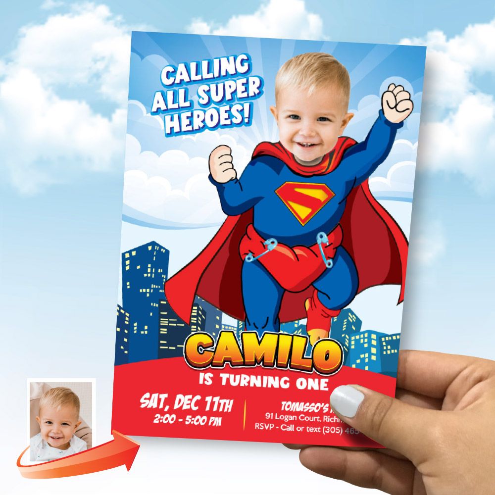 Personalized Baby Superman party invitation with your photo, Baby Superman photo birthday invite, Baby Superman digital invite, Baby Superman template. 2335IN