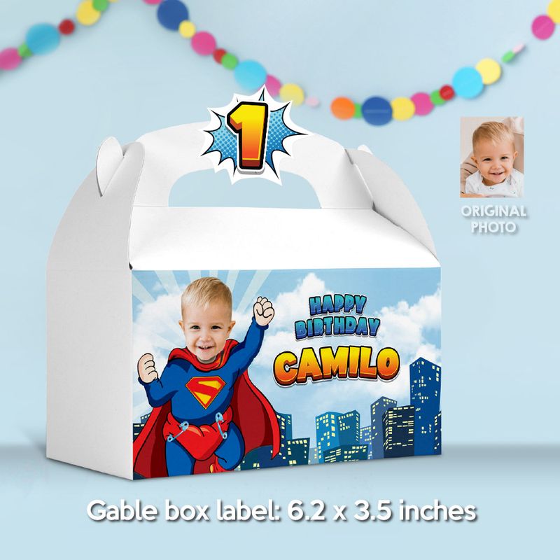 Personalized Super Baby Gable Box label, Baby Superman Gift Box with photo, Super Baby Boy Gable Box Party favors, Superman 1st birthday party favors. 2335GB