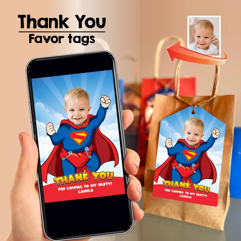Custom Baby Superman Thank you card, Baby Superman Favor tags, Personalized Baby Superman party favors tags, Superman Baby thanks tag. 2335TY