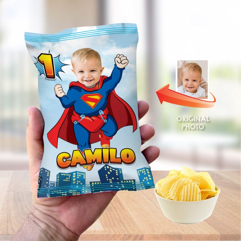 Baby Superman chip bags party favors, Super baby Chip Bag Wrapper, Custom Superbaby Chip Bag label, Superman 1st party decor, Superboy snacks wrappers. 2335CB