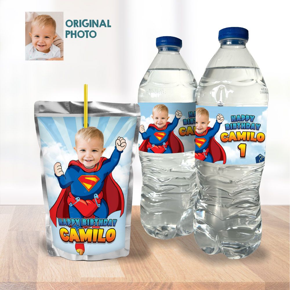 Baby Superman water wrappers, Super Baby water labels, Baby Superman party juice labels, Baby Superman Capri sun labels. 2335WJ