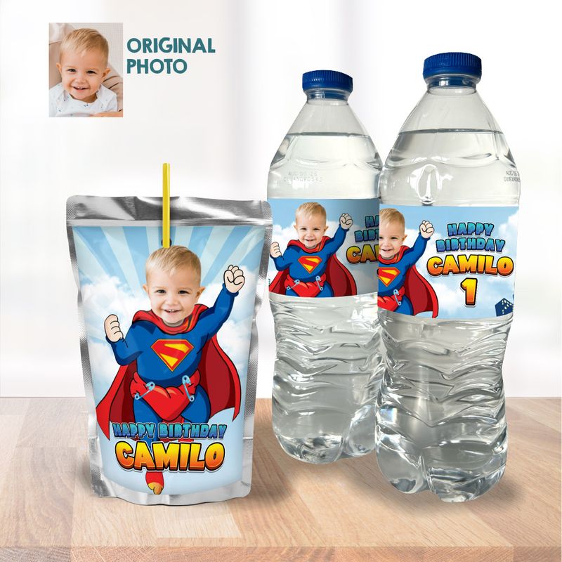 Baby Superman water wrappers, Super Baby water labels, Baby Superman party juice labels, Baby Superman Capri sun labels. 2335WJ