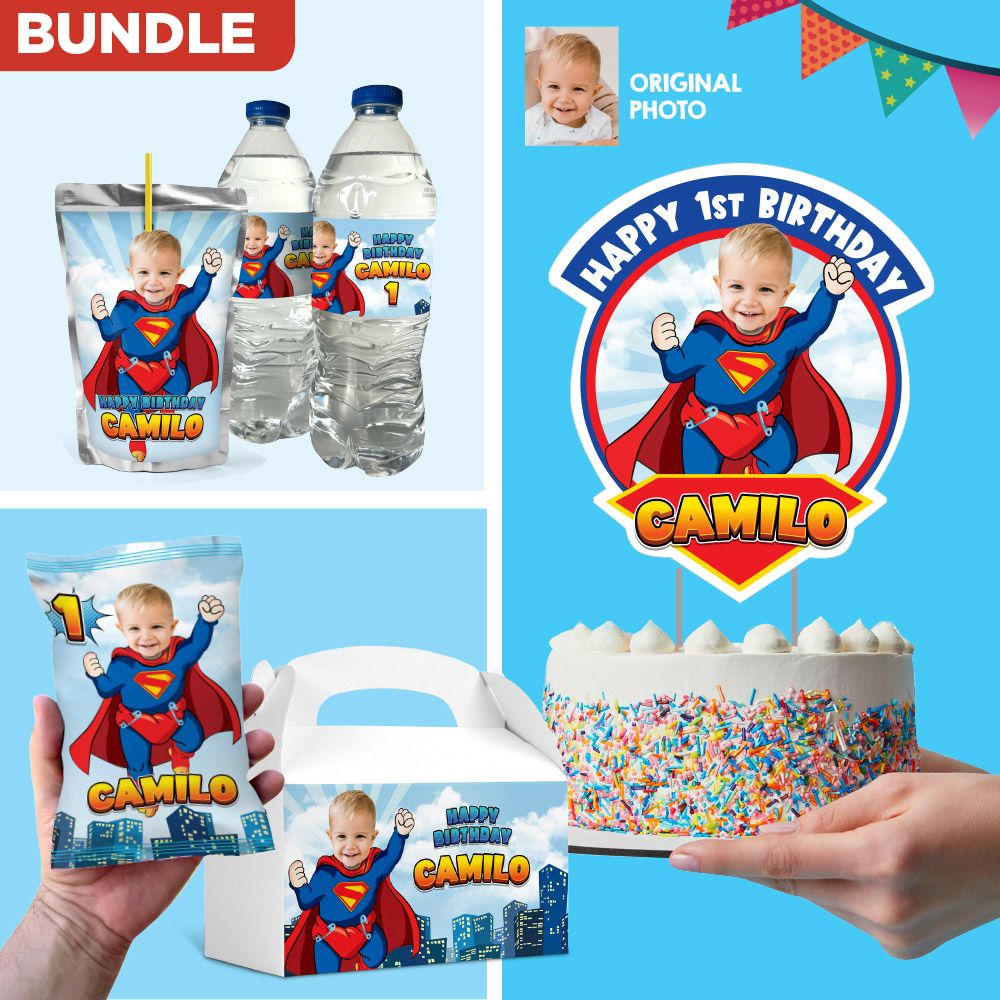 Bundle Baby Superman Party table, Baby Superman Cake Topper, Baby Superman snacks labels, Baby Superman Baby Superman Chip bags, Baby Superman Gable box. 2335B1