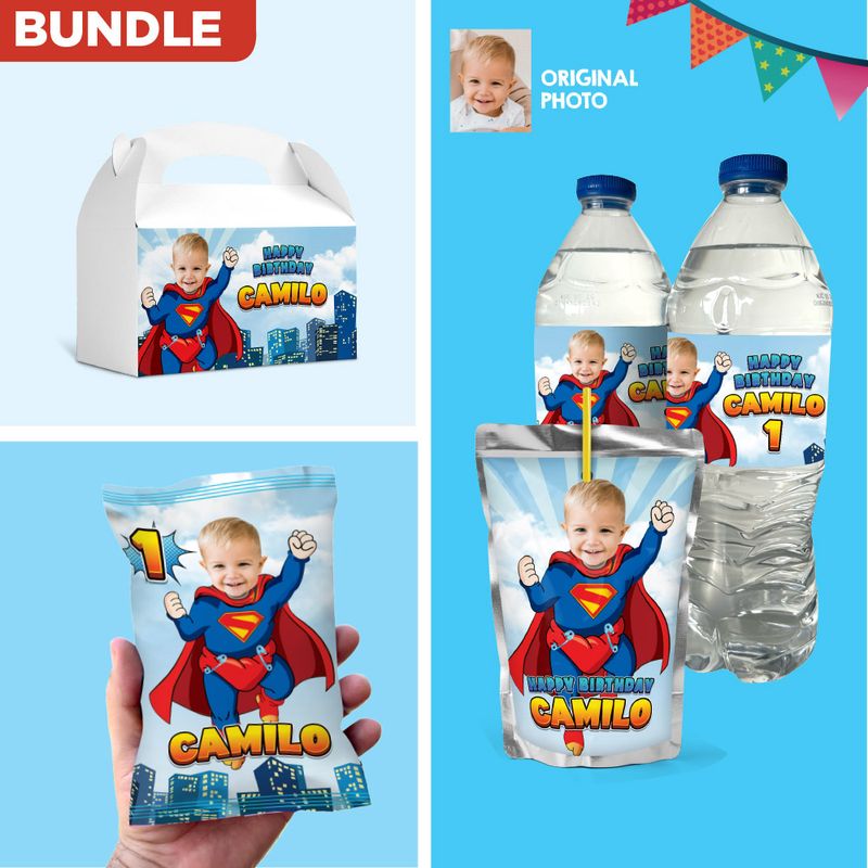 Bundle Baby Superman snacks labels, Baby Superman water wrappers and capri sun pouch label, Baby Superman Chip bags. 2335B3