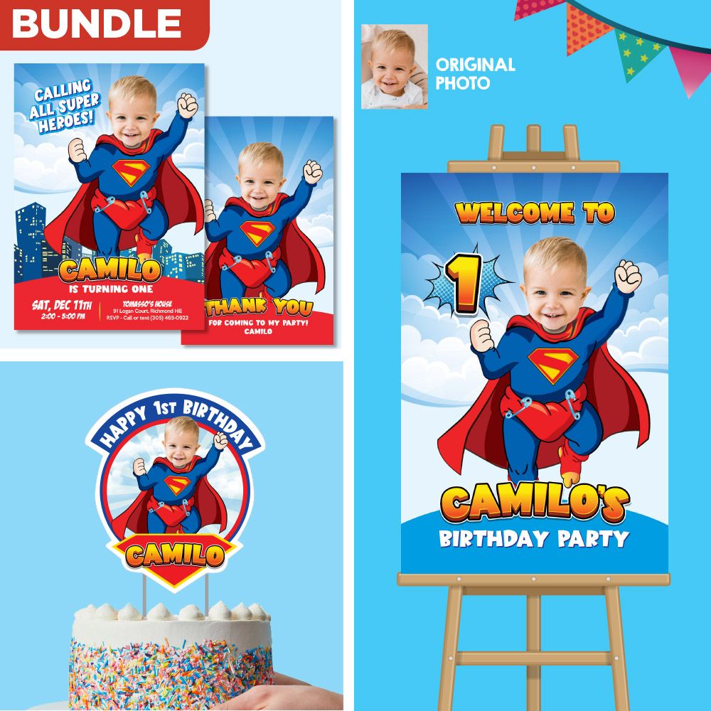 Bundle Baby Superman 1st Birthday, Baby Superman Invitation and Thank you, Baby Superman Cake Topper, Baby Superman Welcome Sign. 2335B2
