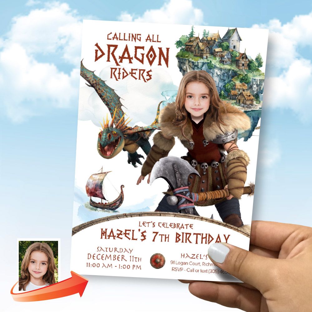 Girl How to Train your Dragon birthday Invitation with your kid as Astrid, Calling all dragon riders girl party invitation, Astrid party invitation. 2340IN