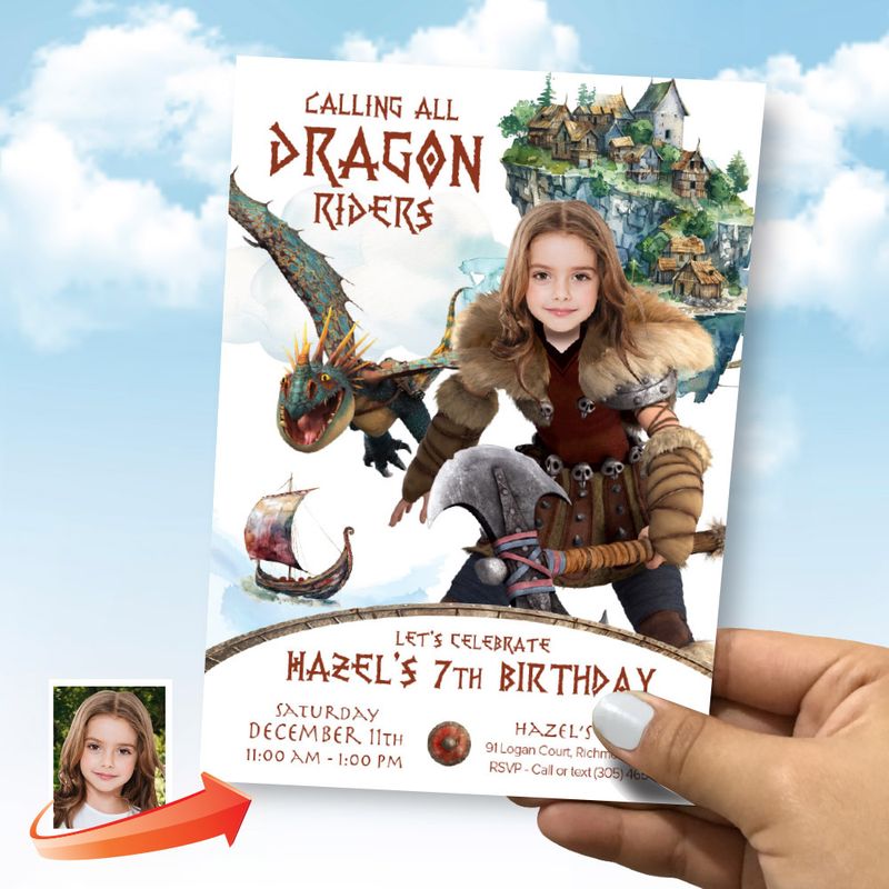 Girl How to Train your Dragon birthday Invitation with your kid as Astrid, Calling all dragon riders girl party invitation, Astrid party invitation. 2340IN
