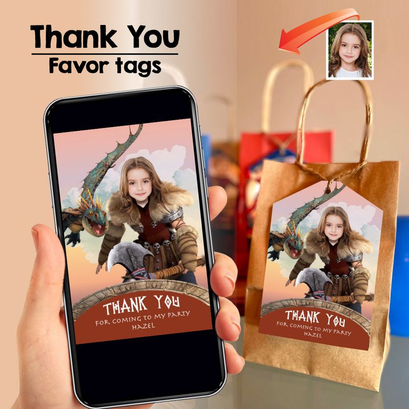 Custom Astrid How to Train your dragon Thank You Card with your photo, Astrid and Stormfly thank you, Astrid and Stormfly party favor tags.  2340TY