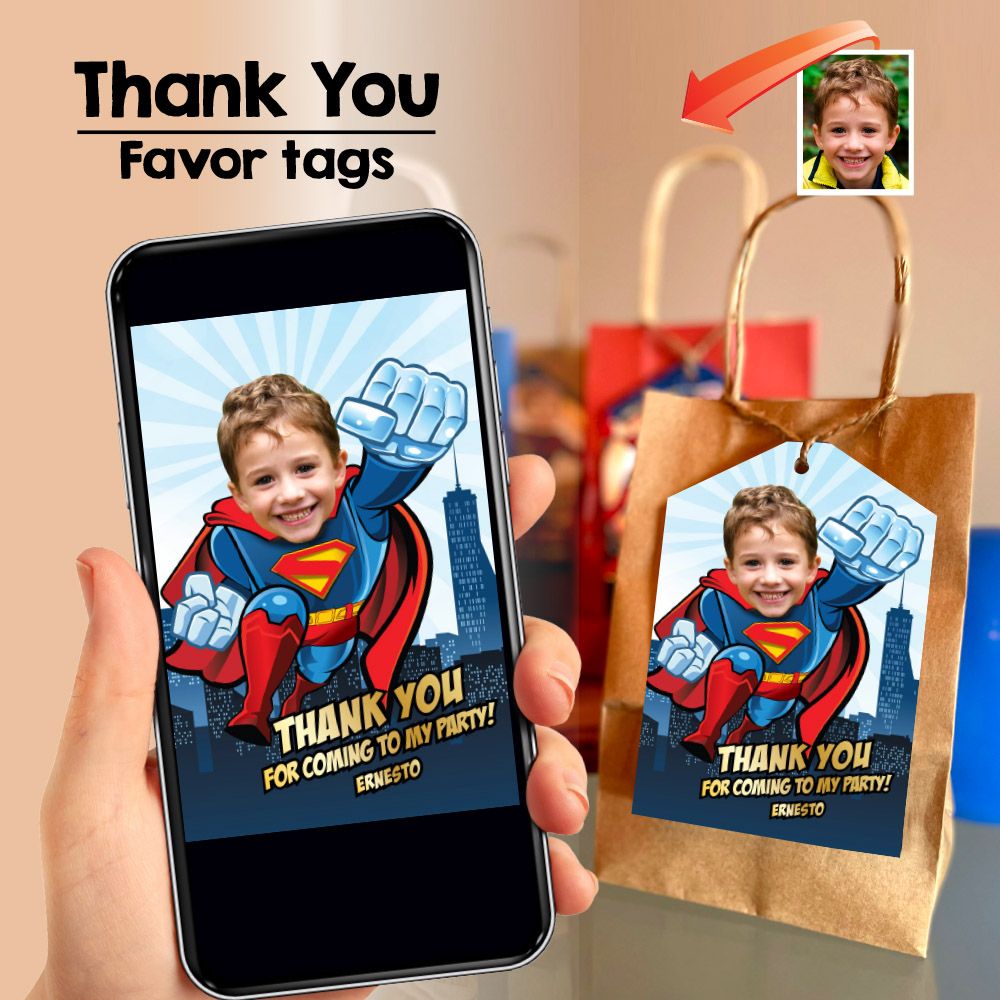 Superman Thank you card with your photo, Superman photo Favor tags, Personalized Superboy party favors tags, Superboy thank you tags. 2343TY