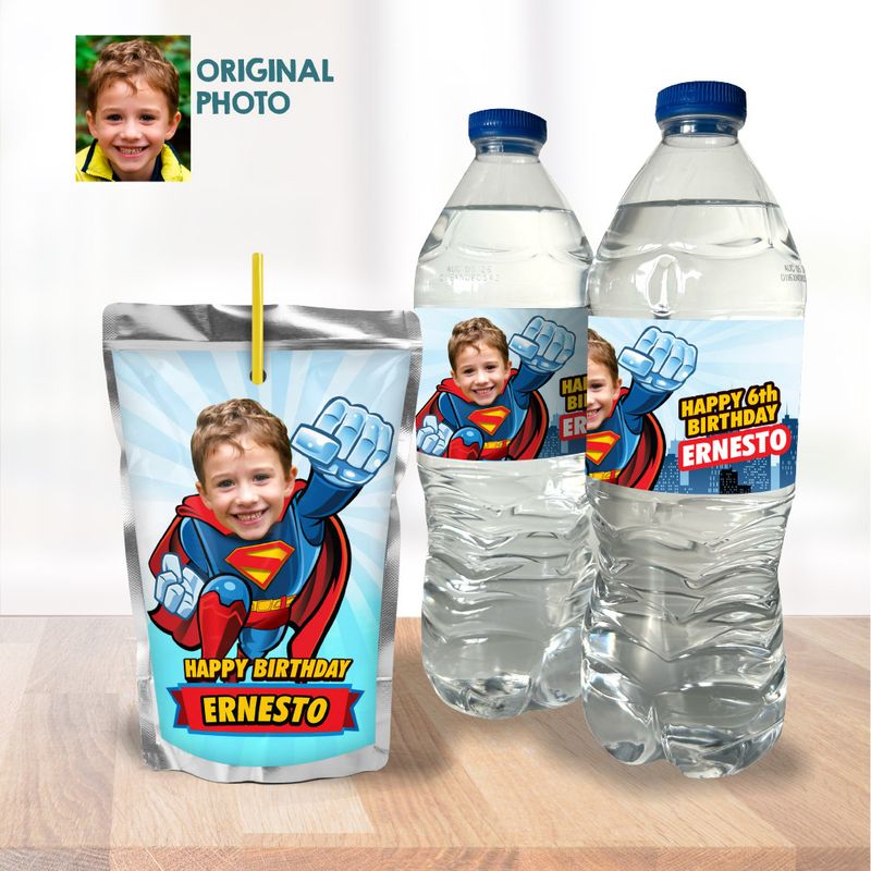Superboy water wrappers, Superboy water labels, Superman juice labels with photo, Superman labels for Capri sun, Superman drinks party labels. 2343WJ