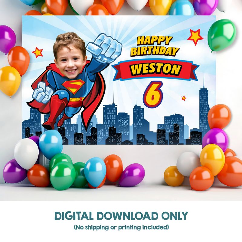 Custom Superman Birthday Backdrop with your kid as a flying Superman, Superman Backdrop, Telon de Superman, Party banner of superman. 2343BB