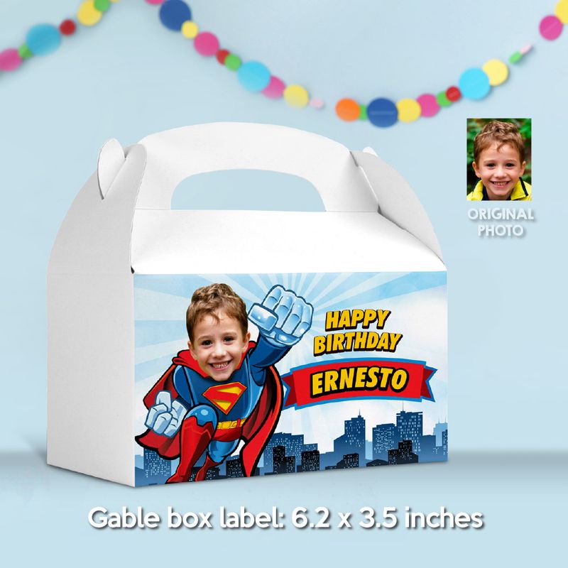 Superman Gable Box label with photo, Superman Gift Boxes labels, Super Boy Party favors Gable Box, Superboy Box party favor. 2343GB