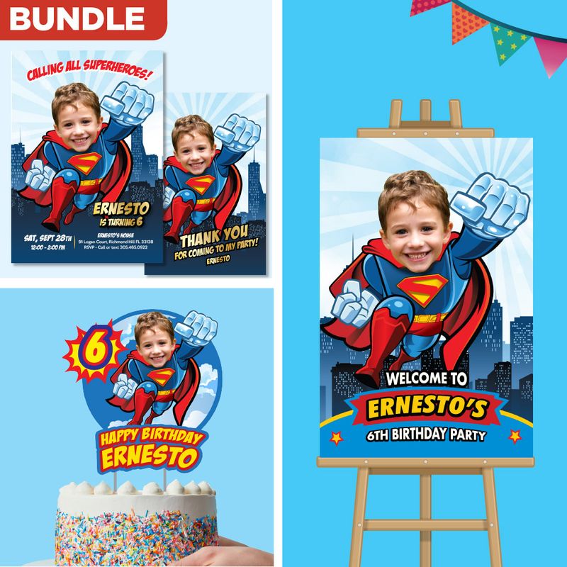 Party Set for a Superman Birthday themed with your kid as Superman, Custom Invitation, Thank you, Favor tags, Cake Topper and Welcome Sign. 2343B2