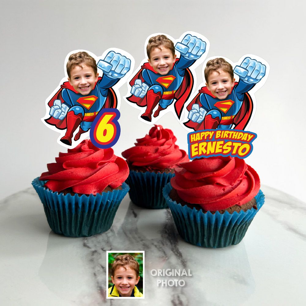 Personalized Superman Cupcake Toppers with your Photo, Custom Superman Cupcakes, Superman Party desserts, Superman Cricut Cupcakes. 2343CK