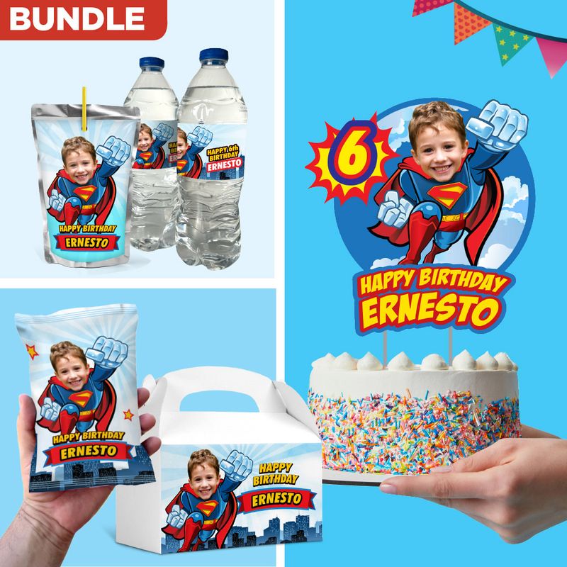 Party Set for Superman matching party table items and party favors, Superman Cake Topper, snacks labels, Chip bags wrappers, gift boxes, beverages. 2343B1