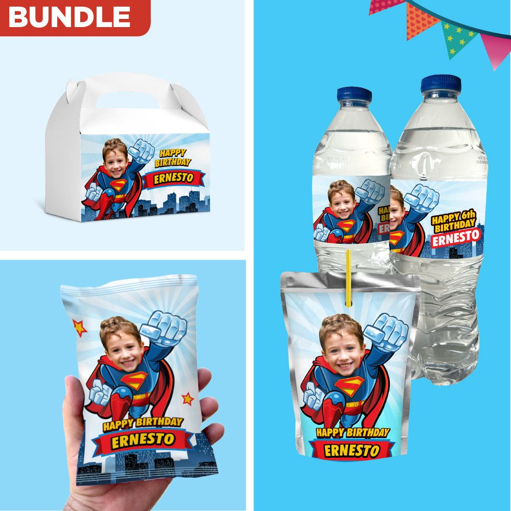 Party set for custom Superman snacks labels, Superman water wrappers and Superman capri sun label, Superman Chip bags wrappers. 2343B3