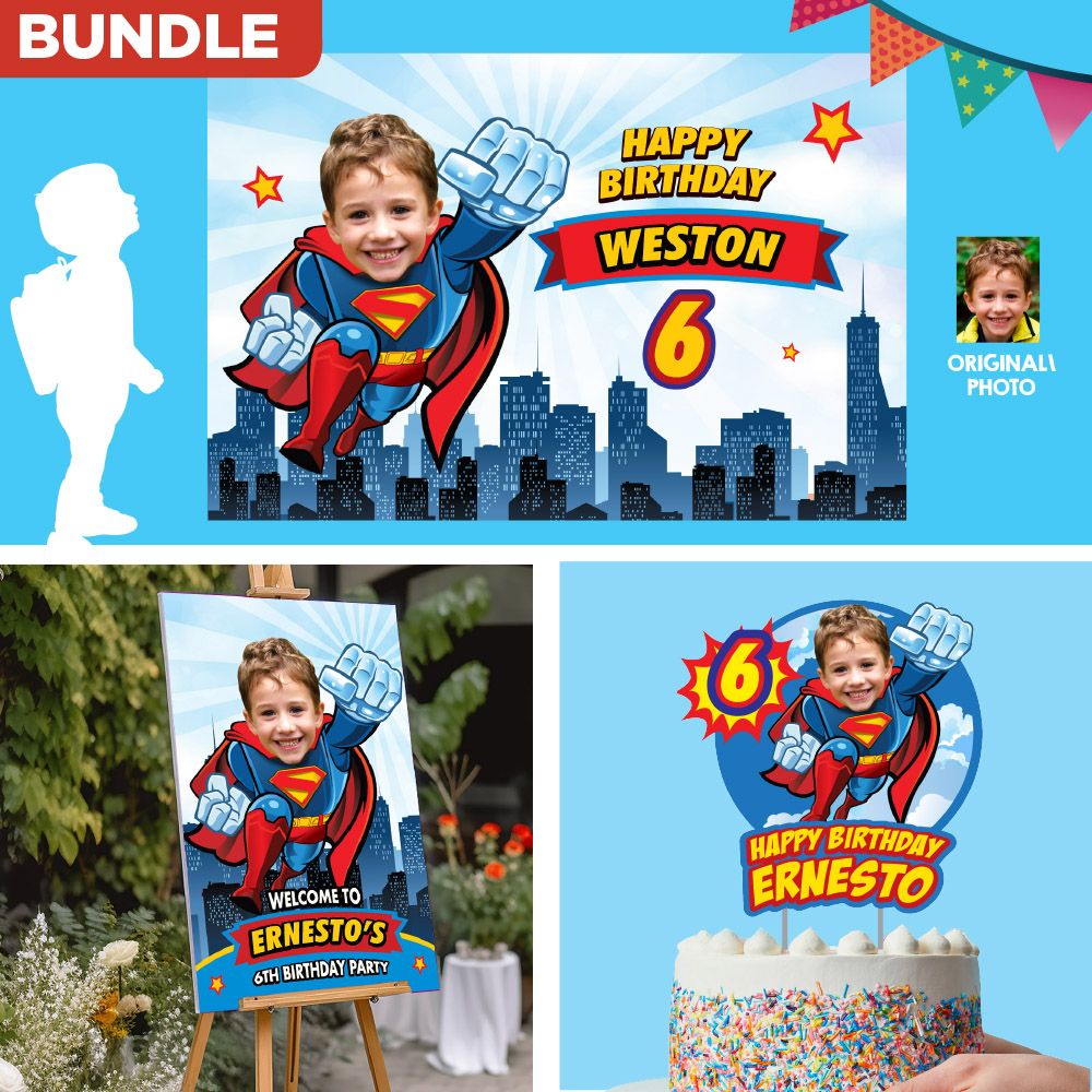 Party set for a Superman Party matching decoration, Superman Banner, Superboy Backdrop, Cake of Superman, Superman Welcome Entrance party. 2343B4