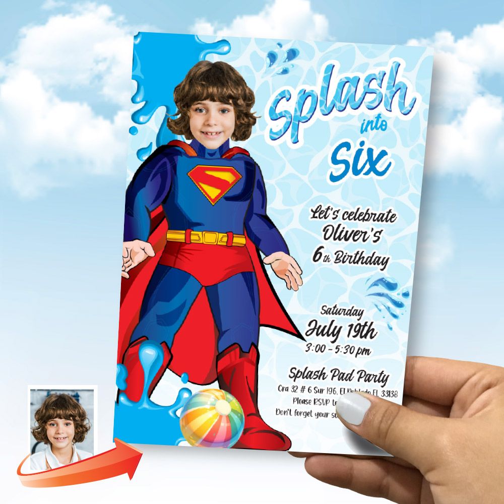 Superman Splash Party Invite with your kid as Superman, Superhero Splash pad birthday, Pool party themed Superman, Superman pool party evite. 2349IN