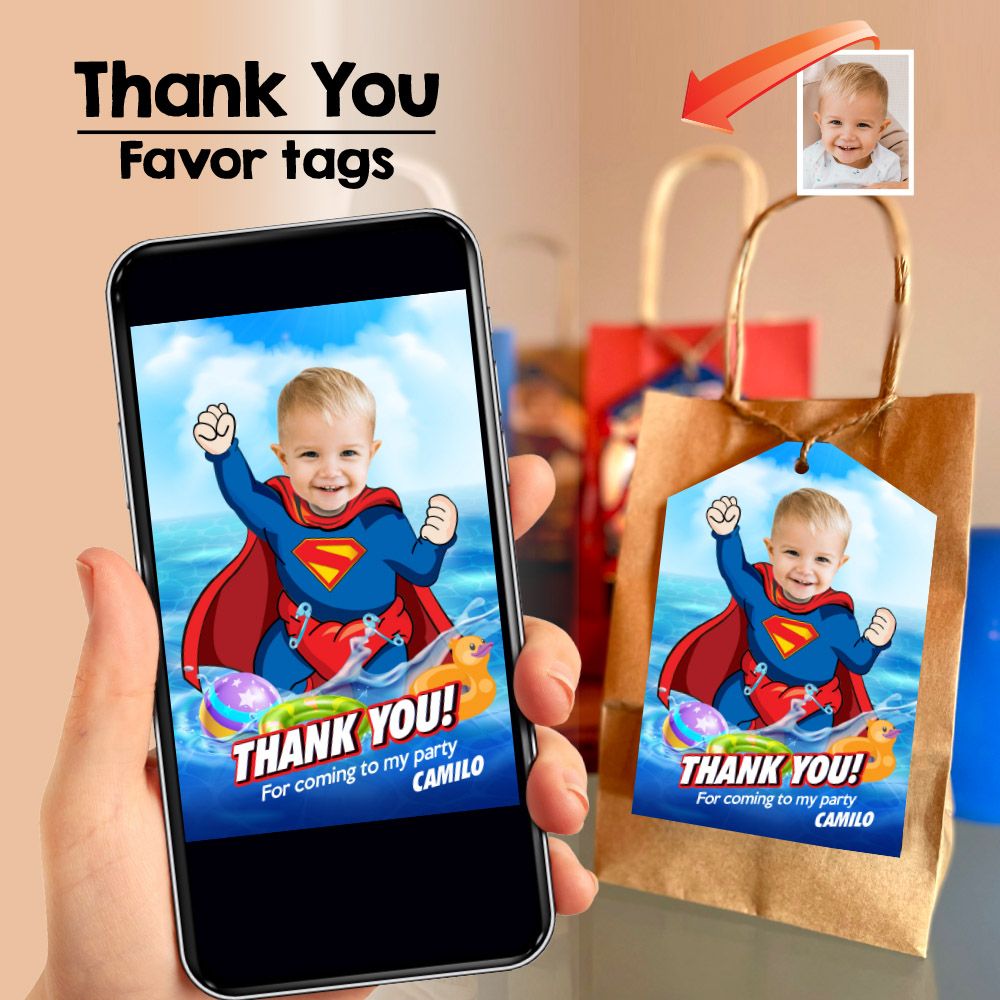 Baby Superman Thank you card, Baby Superman Pool party Favor tags, Super Baby pool party tags, Superman 1st birthday thank you. 2344TY