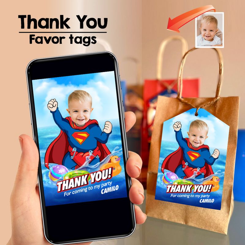 Baby Superman Thank you card, Baby Superman Pool party Favor tags, Super Baby pool party tags, Superman 1st birthday thank you. 2344TY