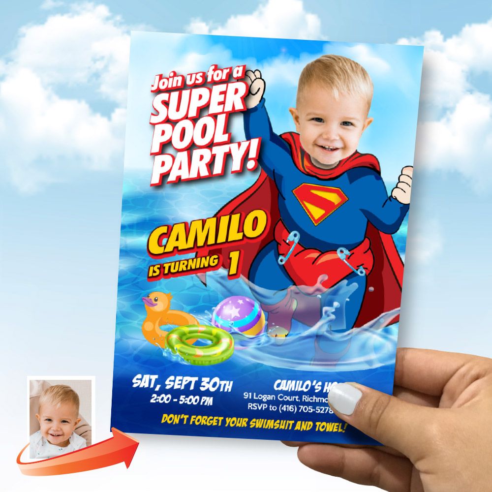 Baby Superman pool party invitation with your photo, Baby Superman photo Pool birthday invite, Baby Superman Splash party invite, Superman 1st pool party. 2344IN