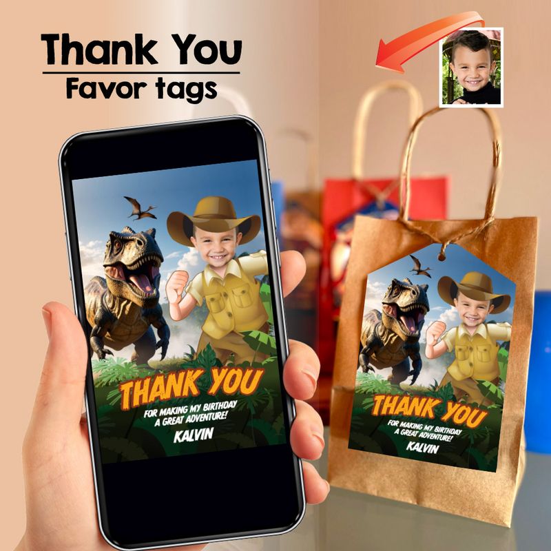 Jurassic T Rex thank you with your photo, Custom Jurassic Dinosaurs thank you for coming, T Rex Jurassic party favor tags, Dino-Mite tags. 637TY