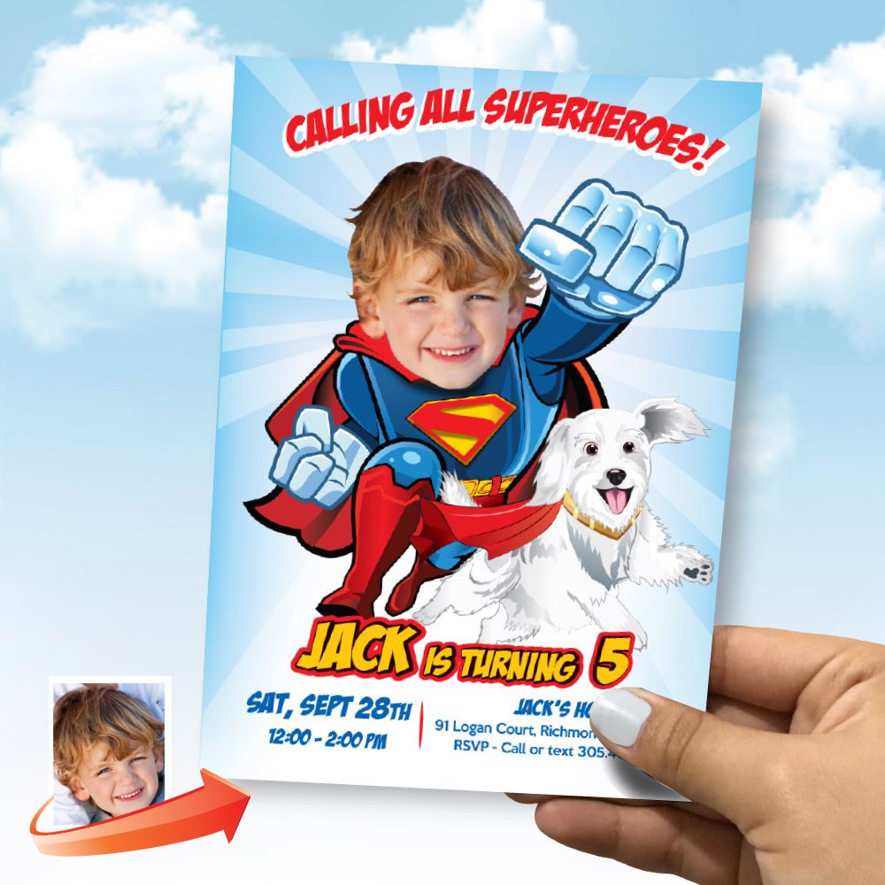 Customized Superman and Kripto birthday invitation with your kid as the star, Superman Kripto digital invite, Superman and Kripto party flyer. 2353IN