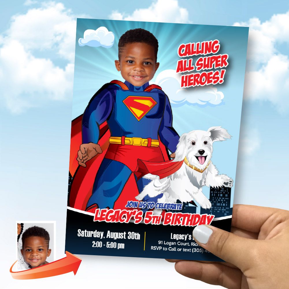Personalized Superman and Kripto party invitation with your kid as Superman, Superman and Kripto birthday invite, Superman and Kripto template. 2352IN