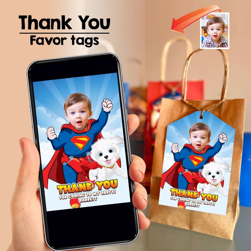 Baby Superman and puppy Kripto Thank you card, Baby Superman and puppy Favor tags, Super Baby and puppy dog party favors tags. 2351TY