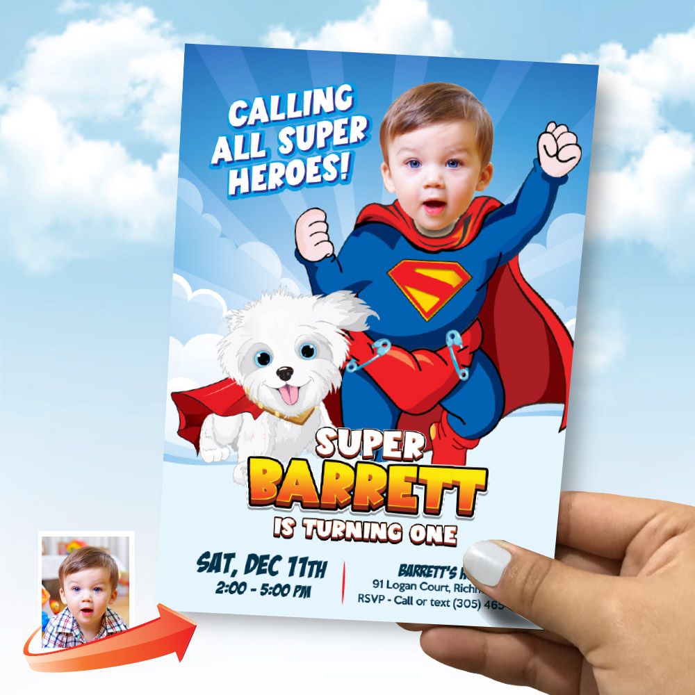 Baby Superman and Puppy Kripto birthday invitation with your kid as the star, Baby Superman and pup Kripto theme, Super baby and Kripto party invite. 2351IN