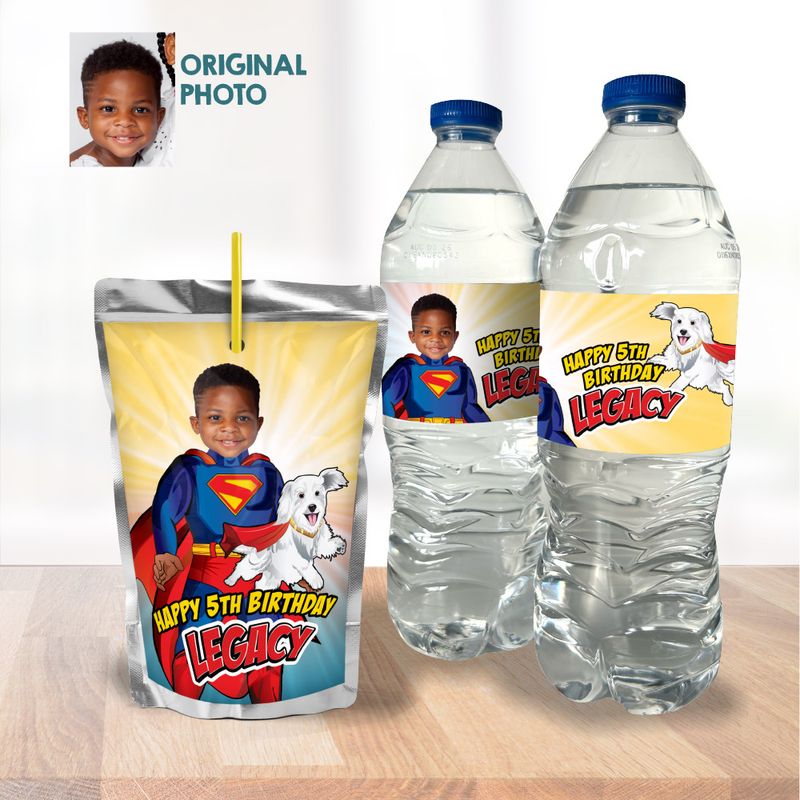 Superman and Krypto water labels, Superman and Krypto Capri sun labels, Superman and Krypto party drinks labels. 2352WJ